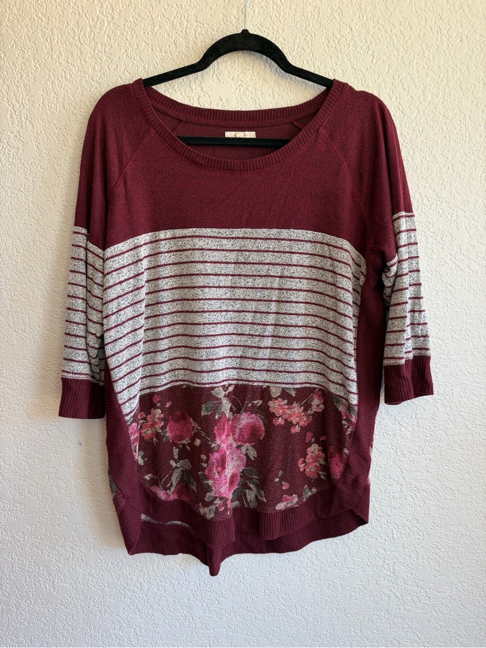 Maurices Maroon Striped Knit Top with Floral Accent